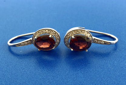 Gorgeous 18k White Gold Oval Red Garnet Diamond Halo Leverback Drop Earrings