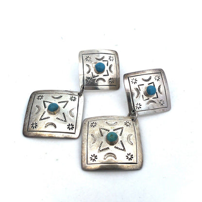 Vintage Taxco TT-44 925 Sterling Silver Turquoise Concho Dangle Stud Earrings