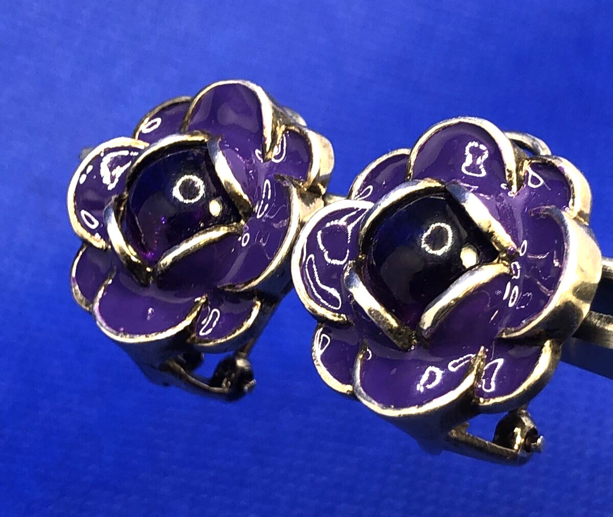Designer MG 925 Sterling Silver Amethyst Purple Enamel Flower Stud Earrings
