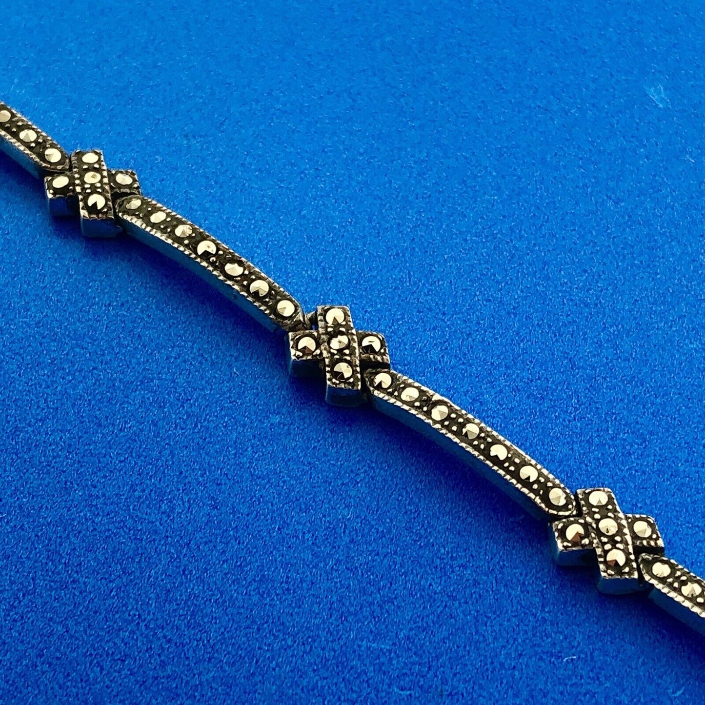 Designer LCP Sterling Silver 925 Marcasite Encrusted Panel Link Bracelet