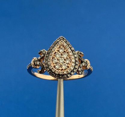 Designer 14K Rose Gold White Chocolate Pave Diamond Fleur De Lis Pear Ring