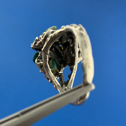 Vintage Artisan Sterling Silver Malachite Hand Wrought Textured Free Form Ring