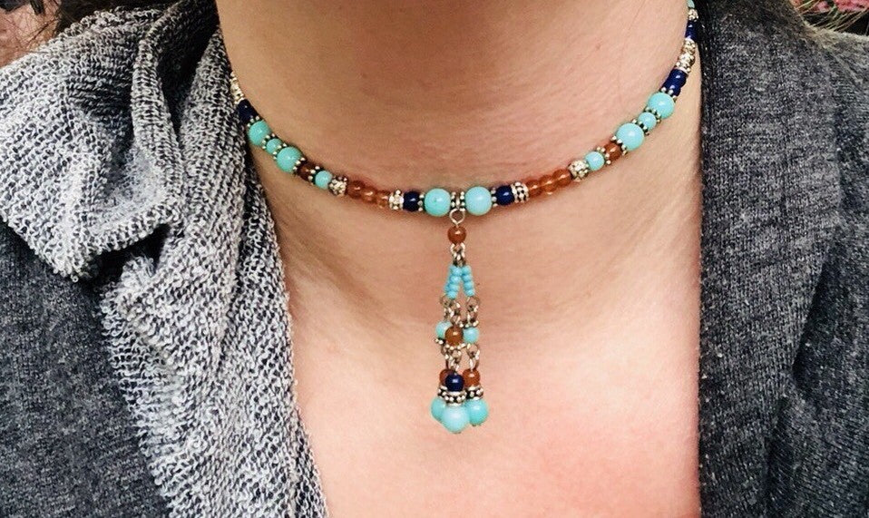 Sterling Silver 925 Turquoise Lapis Lazuli Carnelian Bead Bracelet Necklace