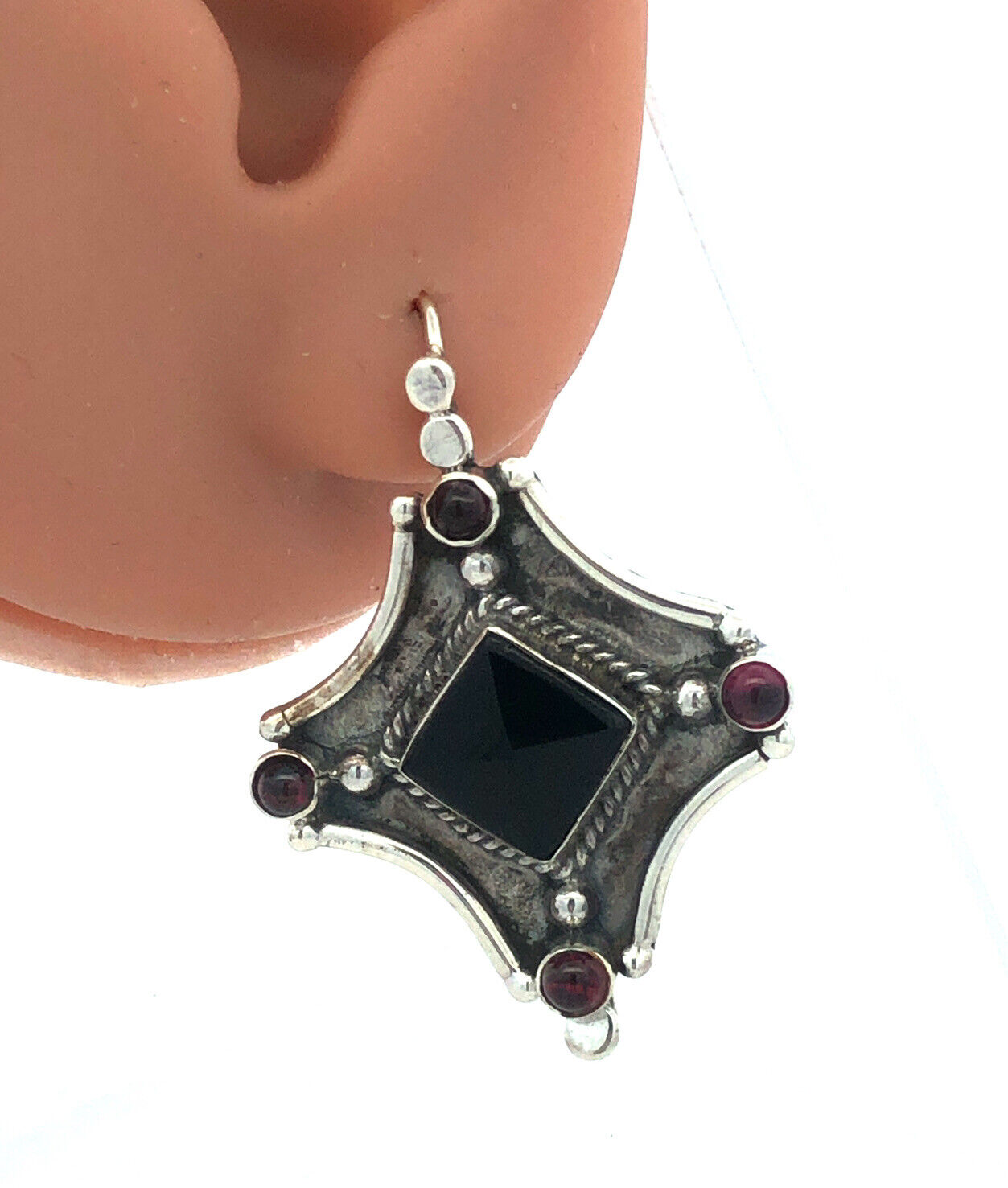 Vintage 925 Sterling Silver Black Onyx Amethyst Hook Statement Dangle Earrings