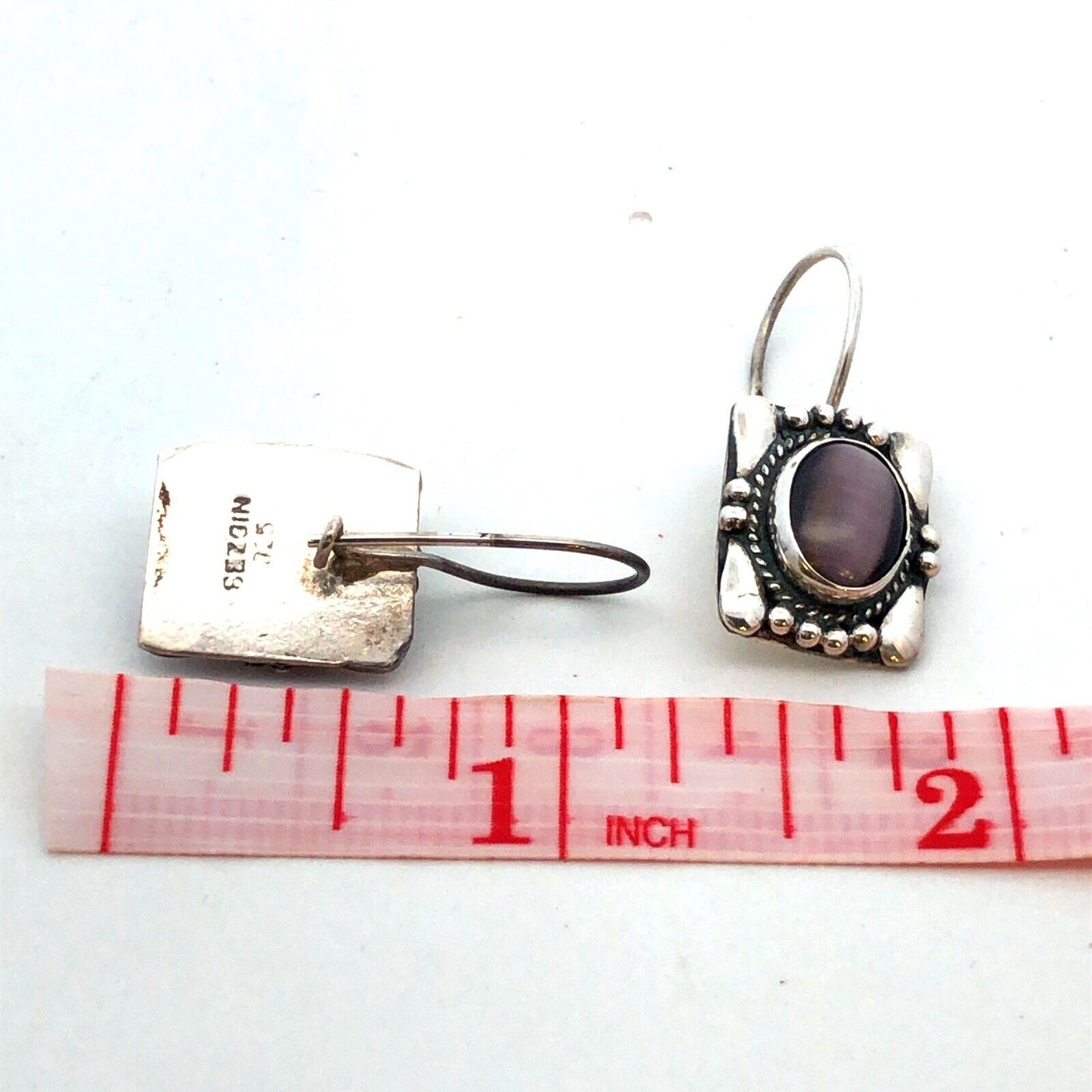 Designer Sterling Silver Oval Purple Cat Eye Cabochon Rectangle Hook Earrings