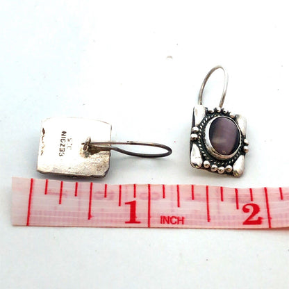 Designer Sterling Silver Oval Purple Cat Eye Cabochon Rectangle Hook Earrings