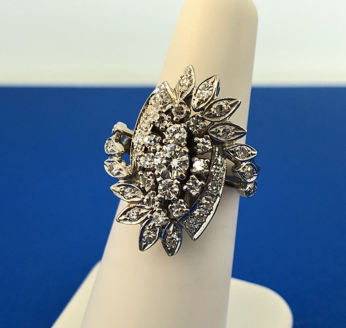 Estate 14K White Gold Diamond Feather Flower Cluster Statement Anniversary Ring