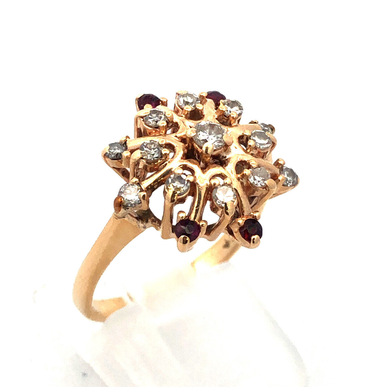 Designer 14K Yellow Gold Diamond Ruby Accent Starburst Snowflake Cocktail Ring