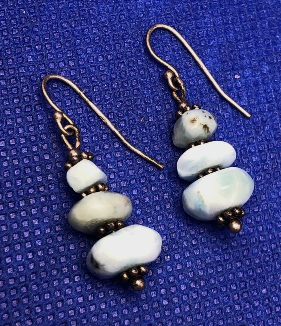 Estate 925 Sterling Silver Blue Larimar Beaded Hook Dangle Earrings