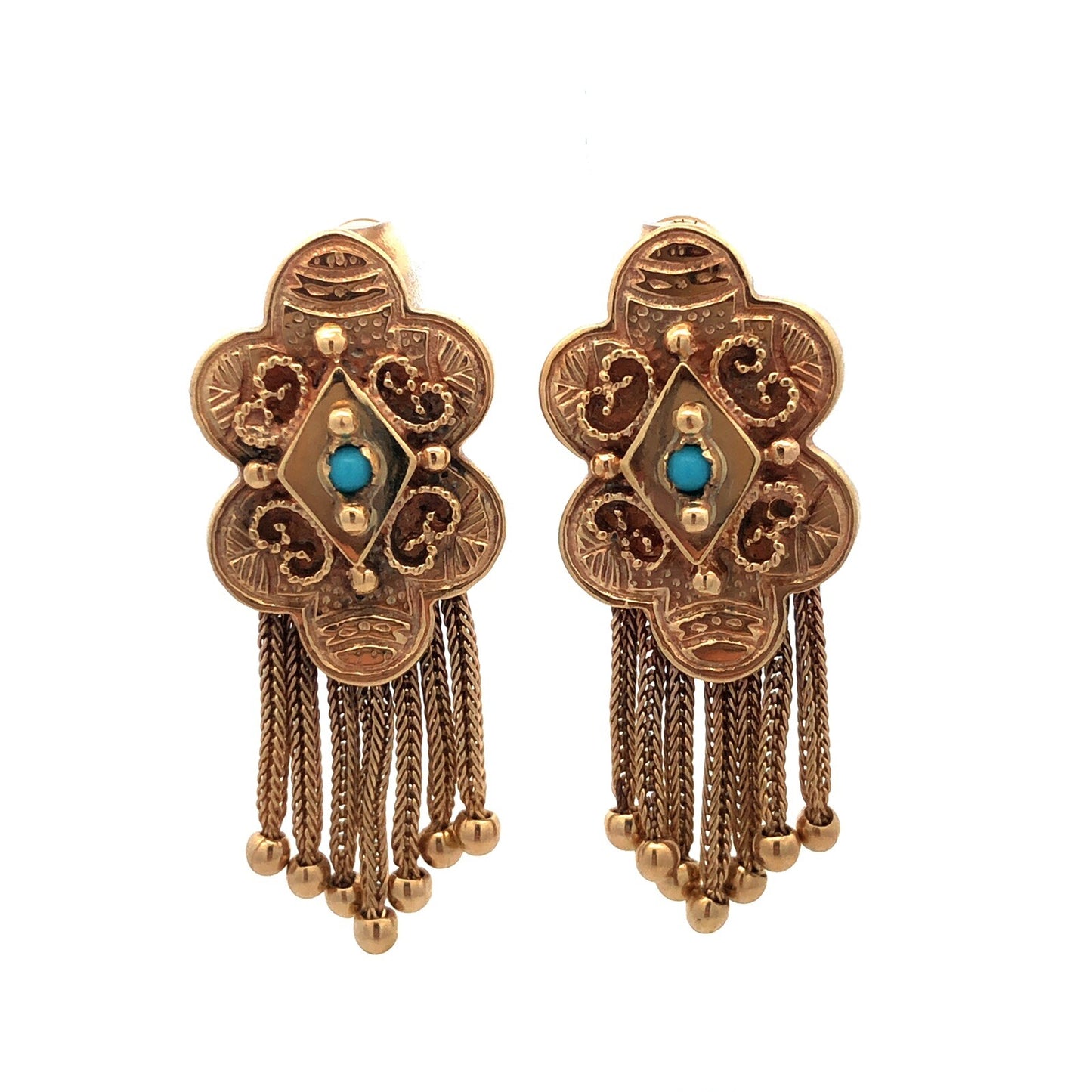 Vintage 14k Yellow Gold Edwardian Dangle Tassel Earrings with Turquoise