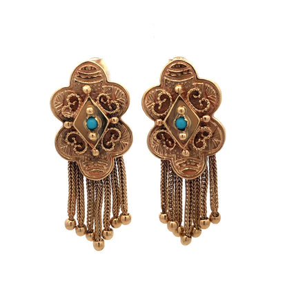 Vintage 14k Yellow Gold Edwardian Dangle Tassel Earrings with Turquoise
