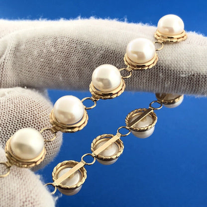 Vintage Elegant 14K Yellow Gold Pearl June Wedding Panel Link Bracelet