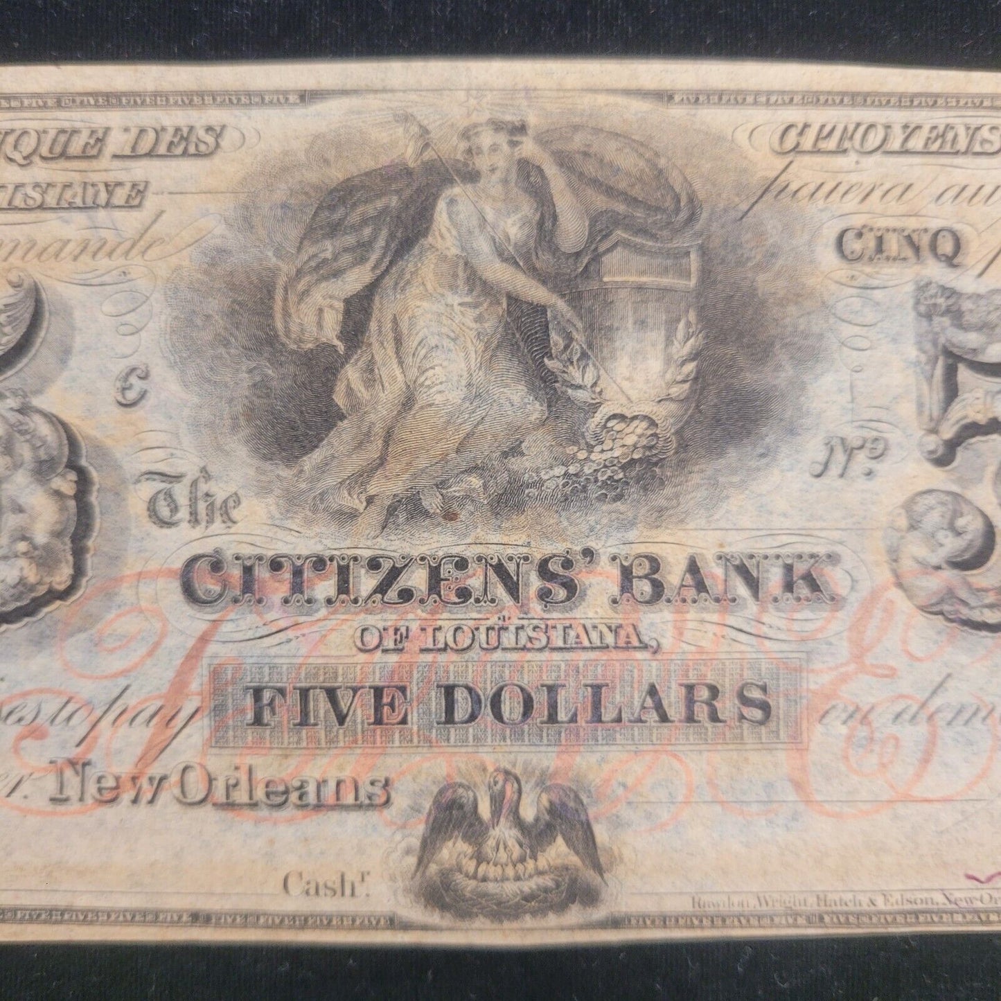 1800s $5 Citizens' Bank of Louisiana, New Orleans Obsolete Currency Bank Note