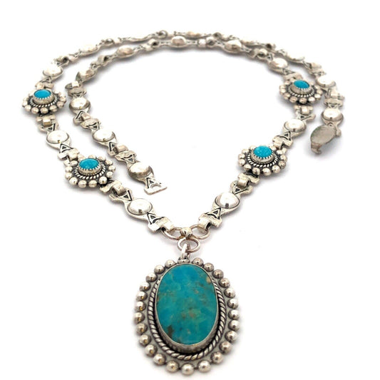 Native American 925 Sterling Silver Concho Turquoise Statement Pendant Necklace