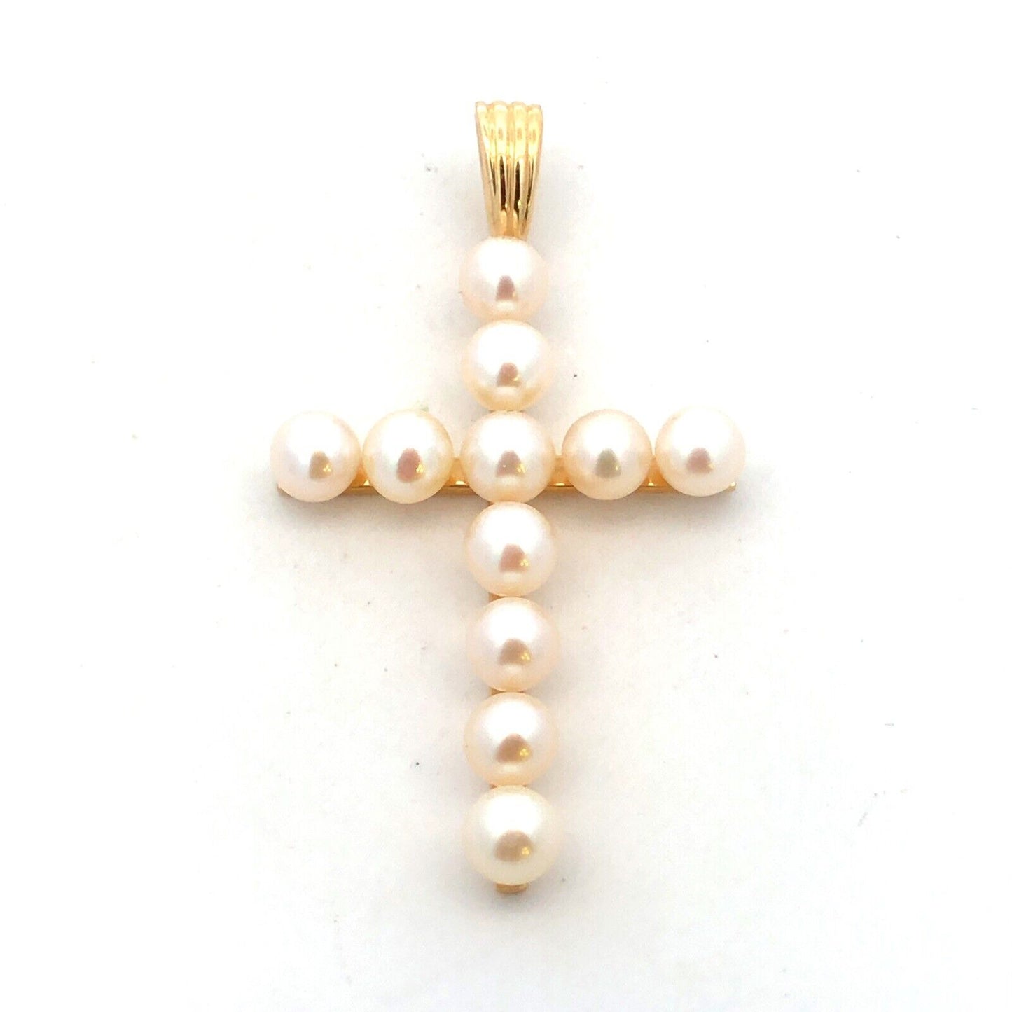 Designer 14K Yellow Gold Round White Pearl Cross Pendant