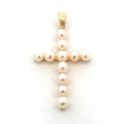 Designer 14K Yellow Gold Round White Pearl Cross Pendant