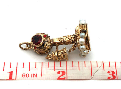 Art Nouveau 14K Yellow Gold Garnet Pearl Turquoise Coral Telephone Pendant