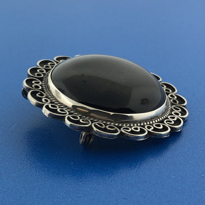 Vintage Taxco JV Sterling Silver 925 Gold Sheen Obsidian Statement Pin Pendant