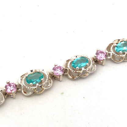 Designer HAN 925 Sterling Silver Oval Blue CZ Round Pink CZ Tennis Bracelet