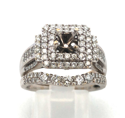 14K White Gold Diamond Triple Halo Mounting Diamond Wave Band 2 Pc Bridal Set