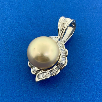Estate 14K White Gold Pearl Diamond Baguette Halo Statement Enhancer Pendant