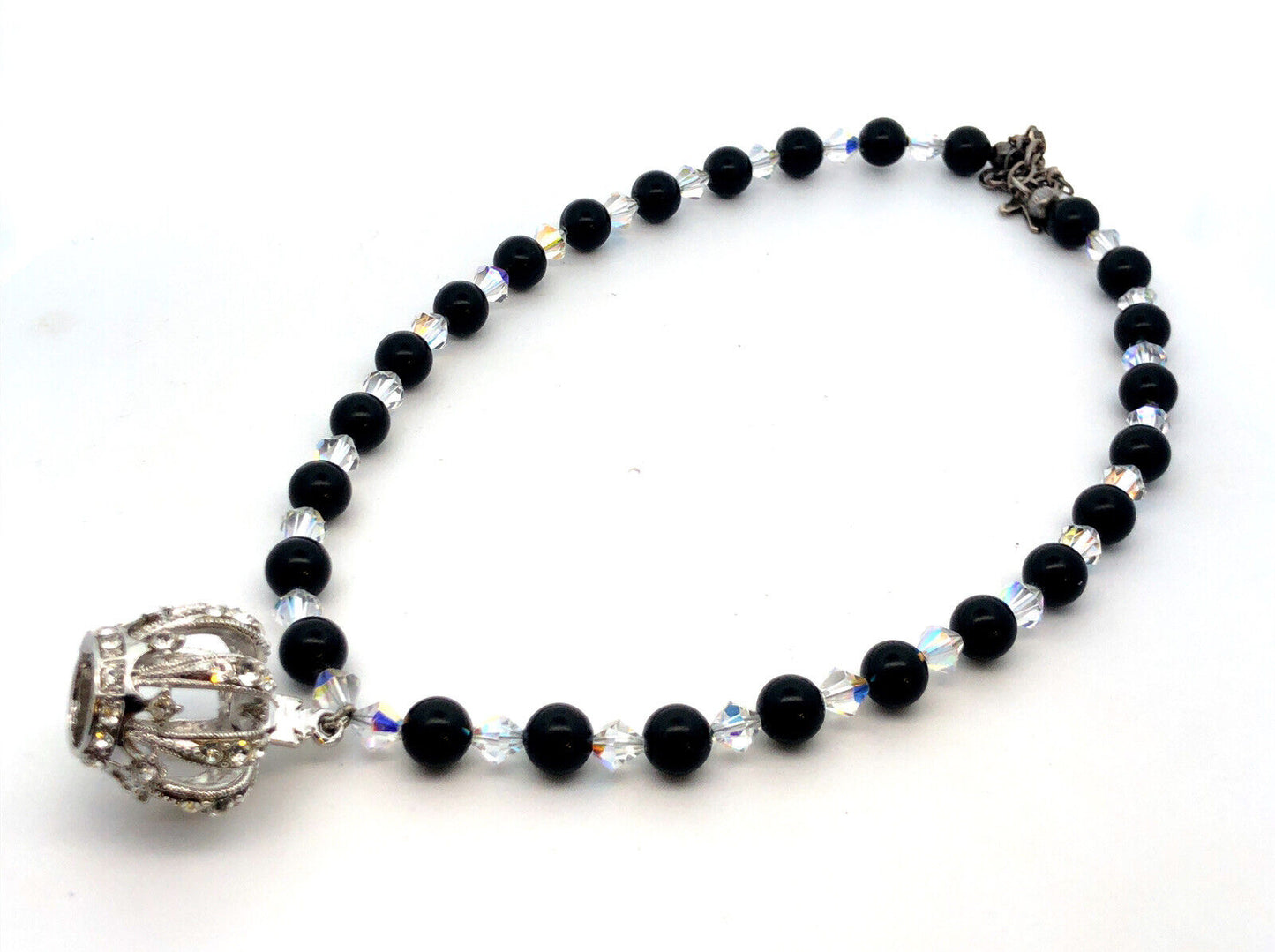 Hand Made Silver Tone Black White Beaded Crystal Rhinestone Royal Crown Necklace