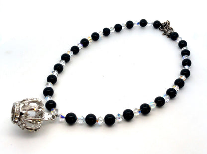 Hand Made Silver Tone Black White Beaded Crystal Rhinestone Royal Crown Necklace