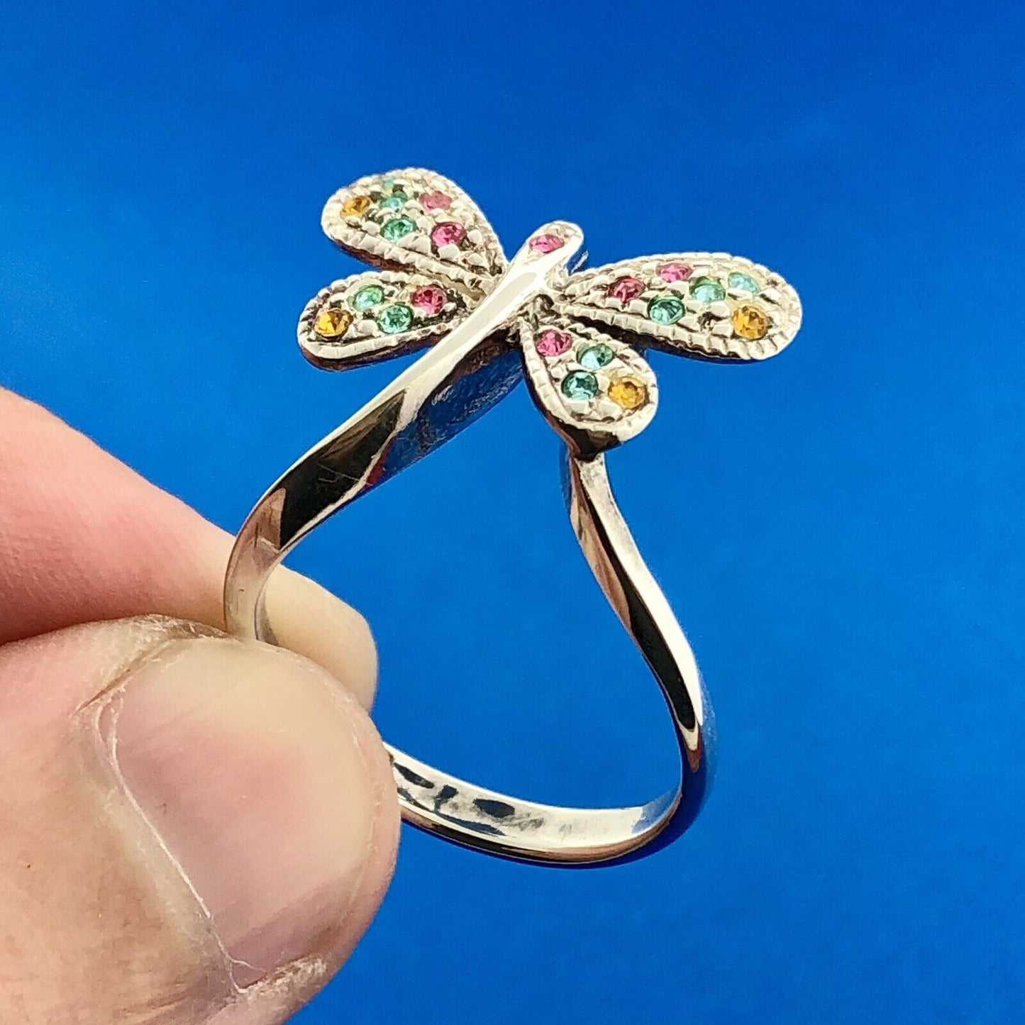 Modernistic Sterling Silver Pink Blue Yellow Cubic Zirconia CZ Butterfly Ring