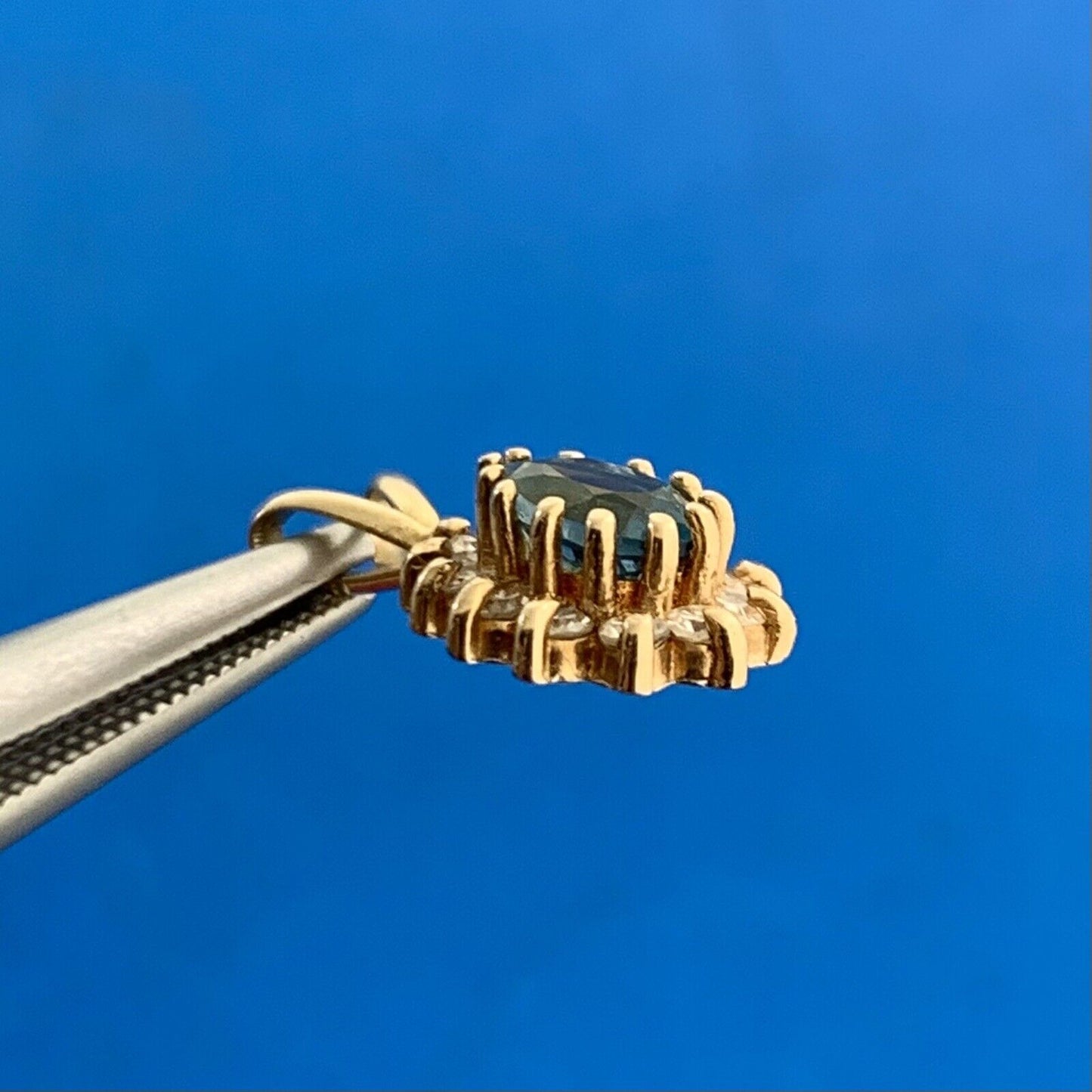 Estate 14k Yellow Gold Pear Blue Topaz Diamond Halo Pendant