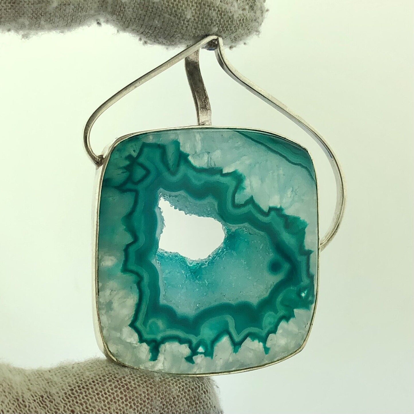 Stunning Sterling Silver 925 Blue Green Druzy Quartz Modernist Statement Pendant
