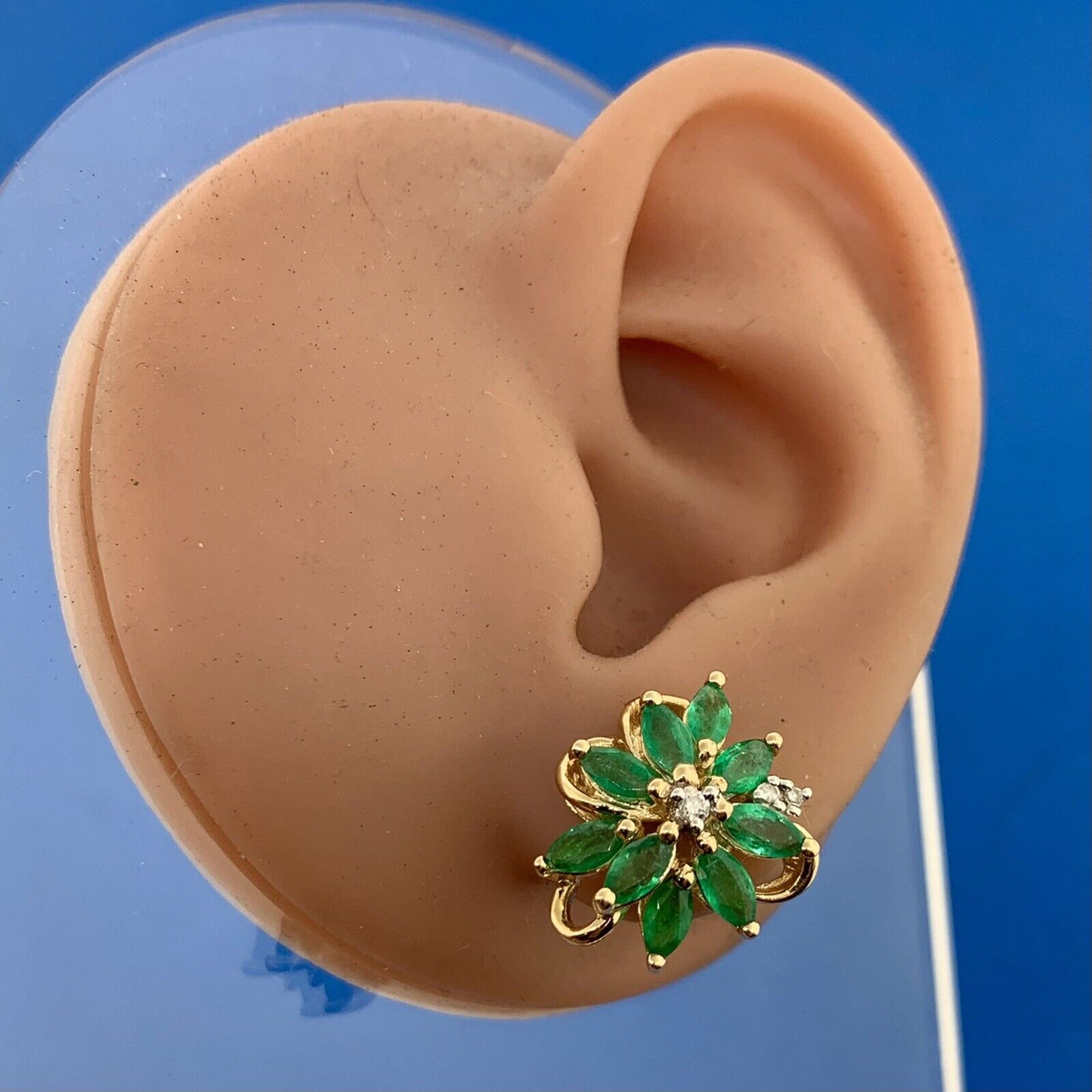 Designer 10K Yellow Gold Marquise Emerald Diamond Accented Floral Stud Earrings