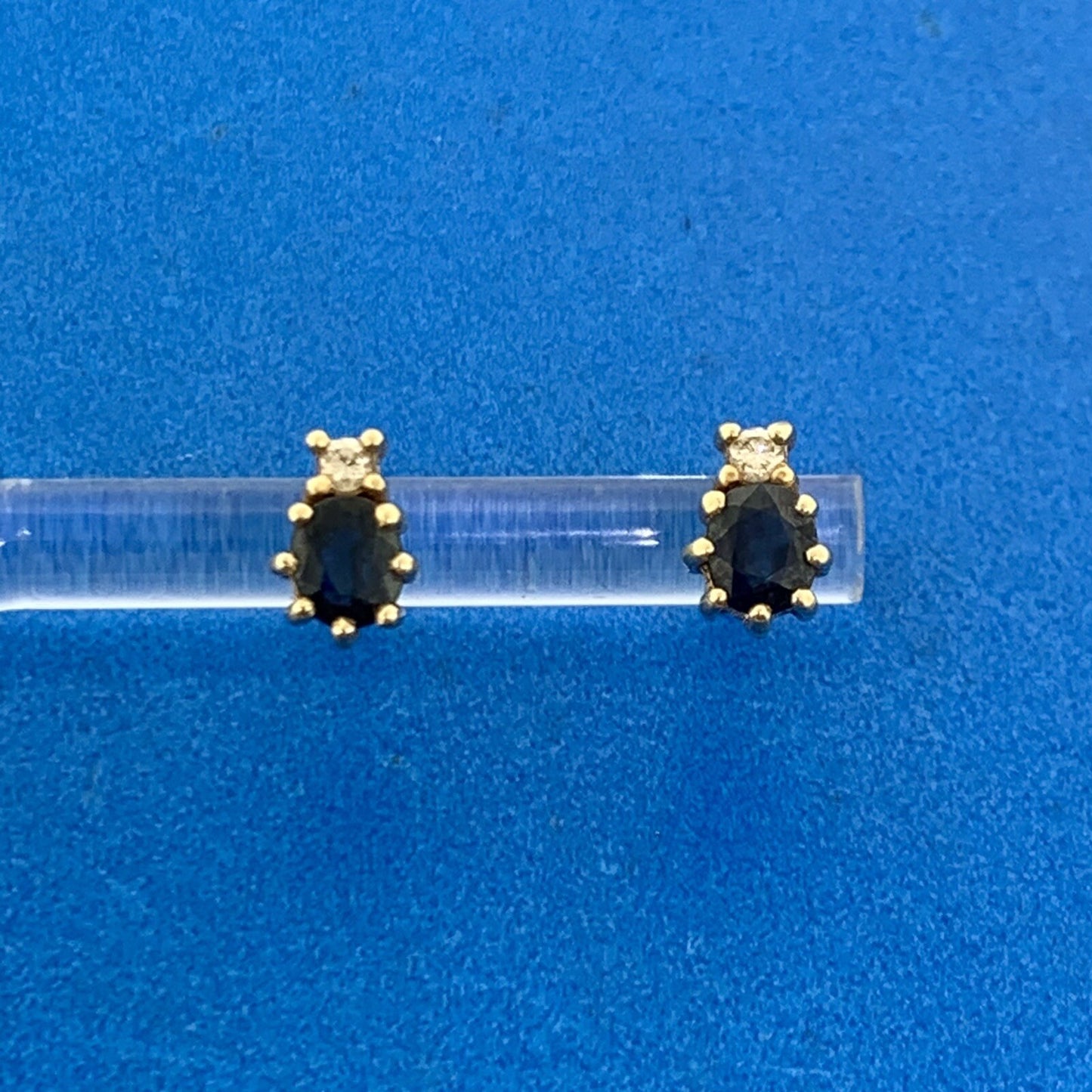 14K Yellow Gold Oval Blue Sapphire Diamond Accent Stud Earrings