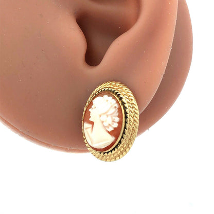 Vintage 14K Yellow Gold Oval Carved Cameo Stud Earrings