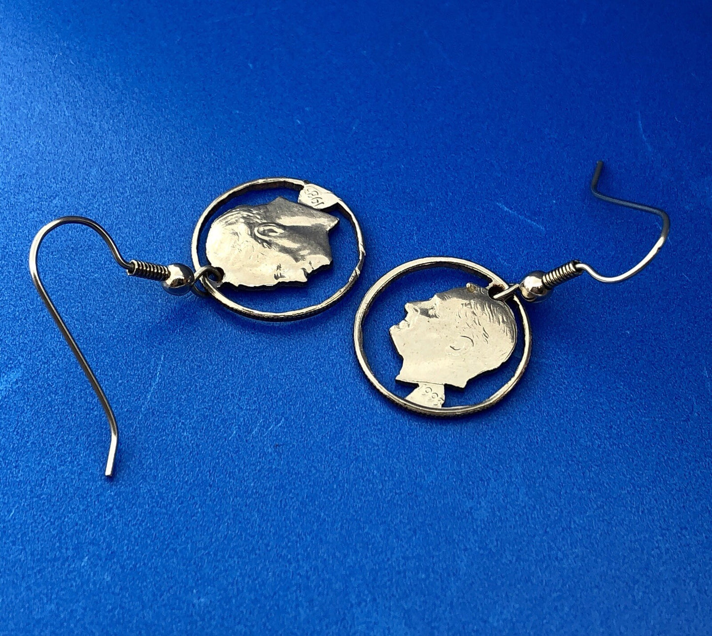 Estate Silver Tone Copper Nickel Roosevelt Dime Cutout Dangle Drop Earrings