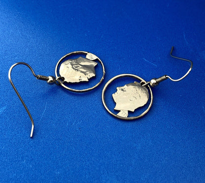 Estate Silver Tone Copper Nickel Roosevelt Dime Cutout Dangle Drop Earrings