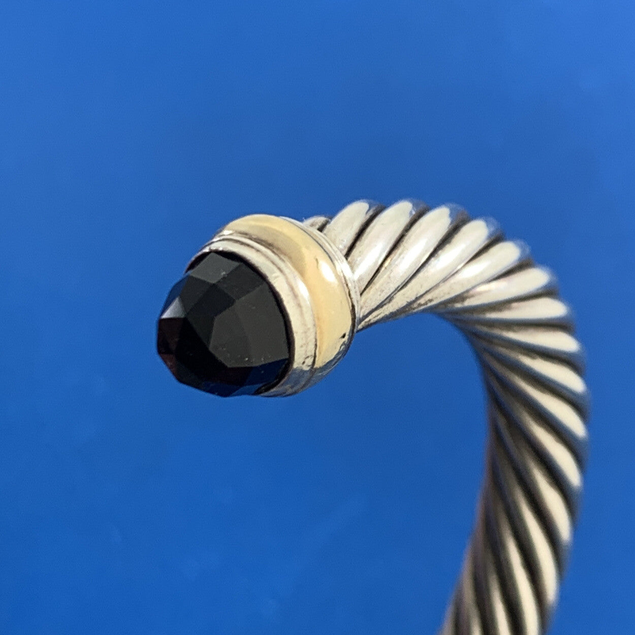 David Yurman 925 Sterling Silver 14K Gold Onyx Cable Classics Open Cuff Bracelet