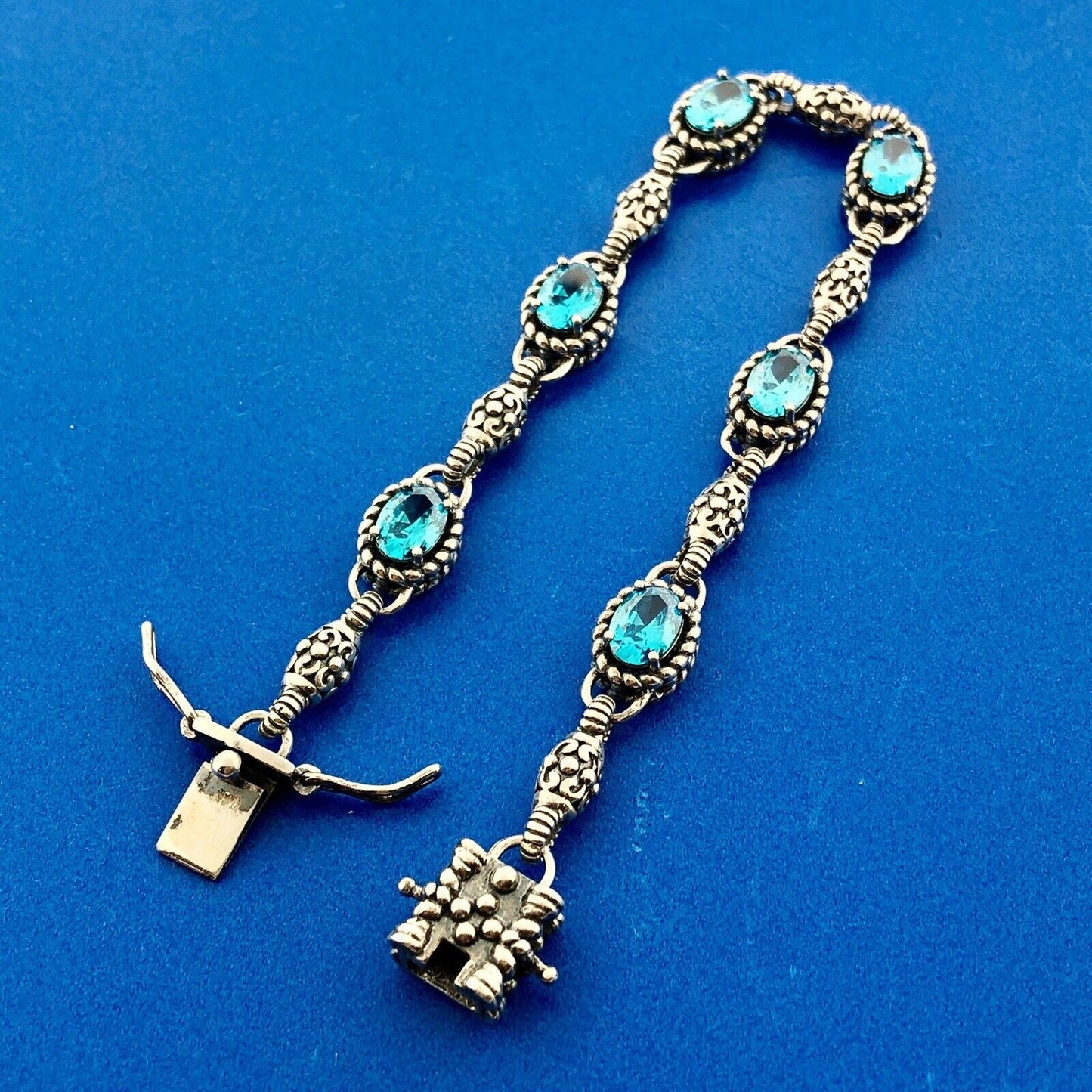Retro Sterling Silver 925 Oval Aqua Cubic Zirconia CZ Station Tennis Bracelet