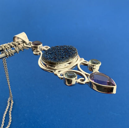 Sterling Silver 925 Amethyst Blue Topaz Drusy Quartz Statement Pendant Necklace