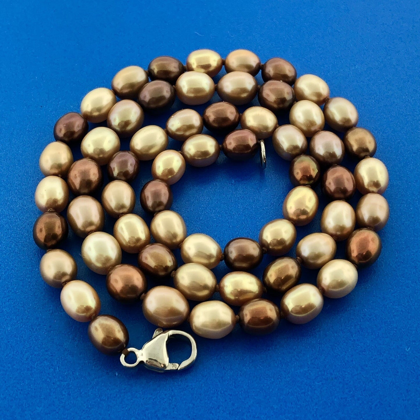 Retro Designer 925 Sterling Silver Bronze Champagne Oval Pearl Choker Necklace