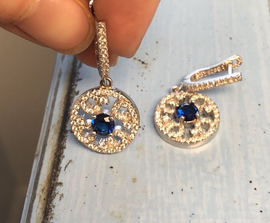 Elegant Sam & Co Sterling Silver 925 Blue Sapphire Diamond Drop Dangle Earrings