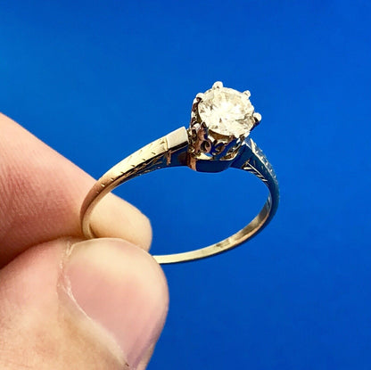 Art Deco Art Nouveau 14K Yellow White Gold Diamond Solitaire Engagement Ring