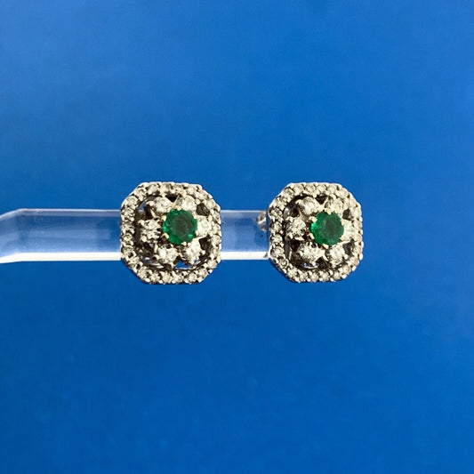 18K White Gold Diamond Emerald Floral Cluster May Occasion Stud Earrings