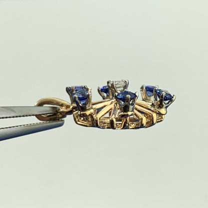 Vintage 14K Yellow Gold Blue Sapphire Diamond Pinwheel Starburst Pendant