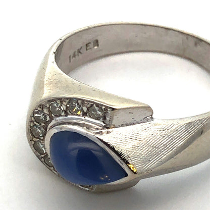 Designer 14K White Gold Blue Star Sapphire Diamond Accented Modernist Ring