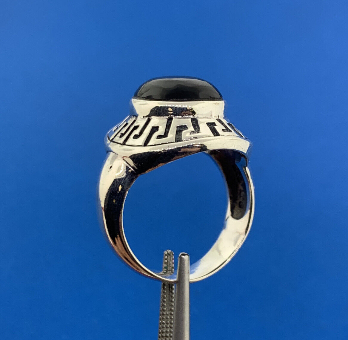 Designer 925 Sterling Silver Oval Black Onyx Cabochon Greek Etched Halo Ring