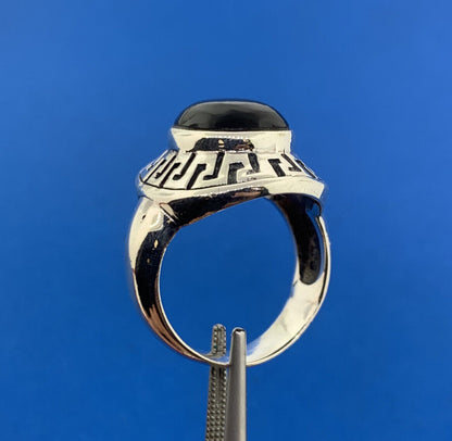 Designer 925 Sterling Silver Oval Black Onyx Cabochon Greek Etched Halo Ring