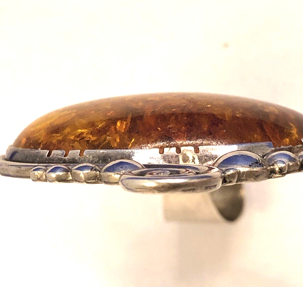 Vintage 925 Sterling Silver Oval Amber Open Scroll Statement Pendant