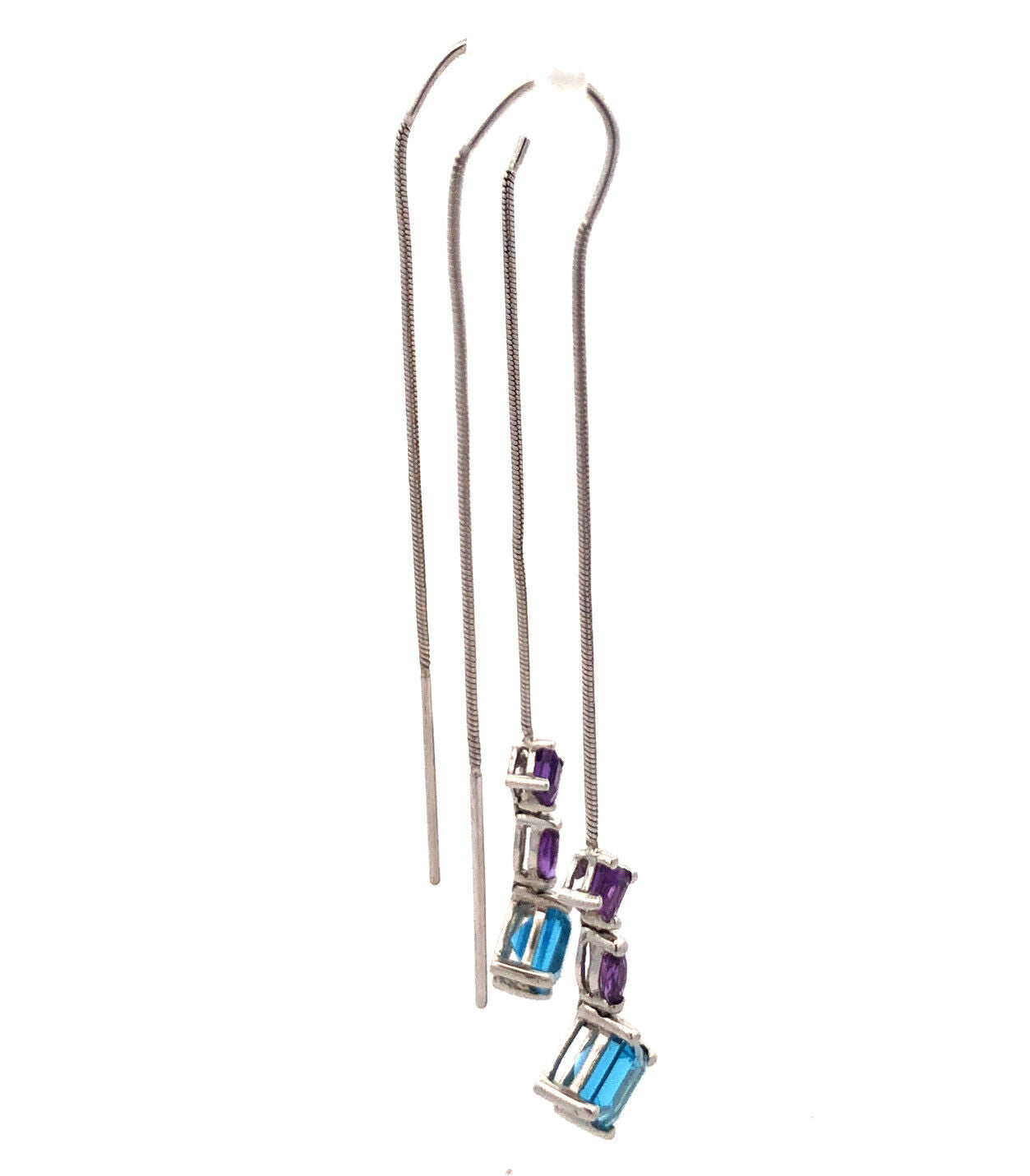 Designer 14K White Gold Blue Topaz and Amethyst Dangle Threader Earrings