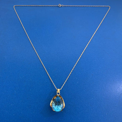 Designer 14K Yellow Gold Pear Blue Topaz Solitaire Statement Pendant Necklace