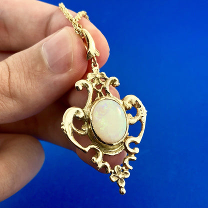 Vintage 14K Yellow Gold Opal Open Scroll Work October Statement Pendant Necklace